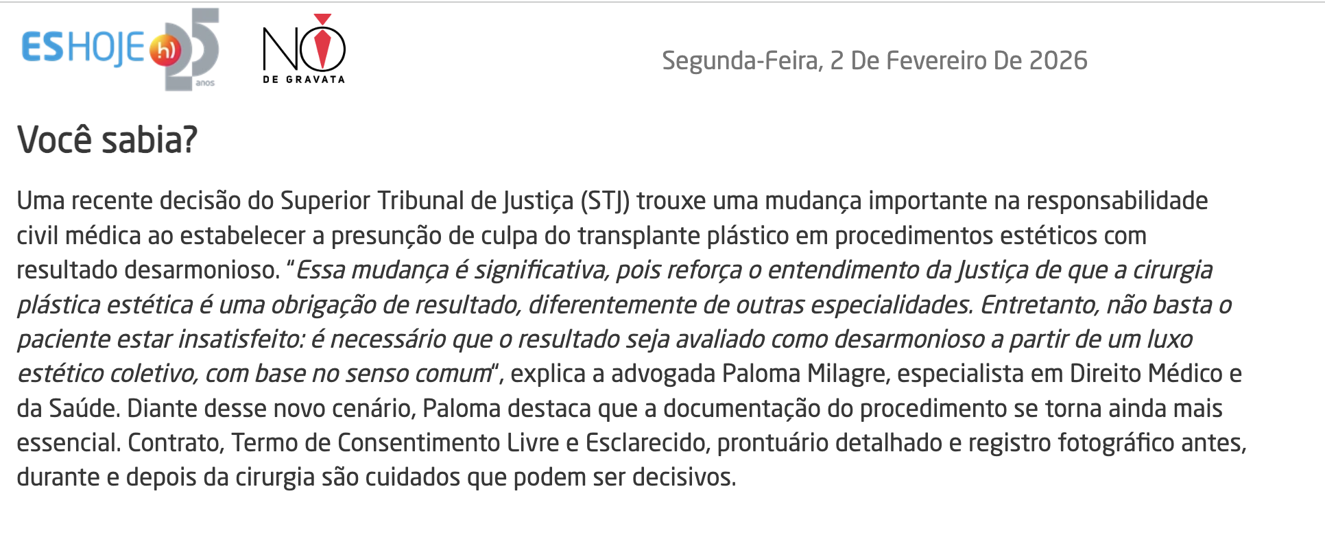 Dra. Paloma Milagre na mídia